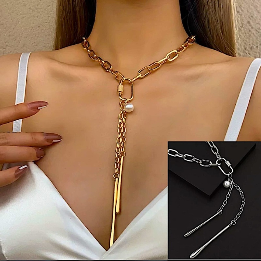 Silver Chunky Chain Statement Pearl Pendant Unique Necklace
